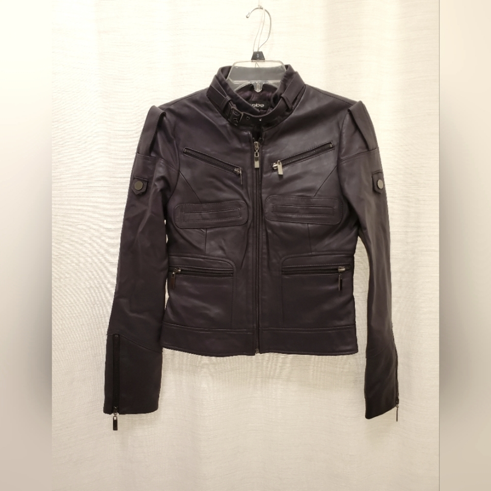 Bebe Purple Leather Moto Jacket 80s style